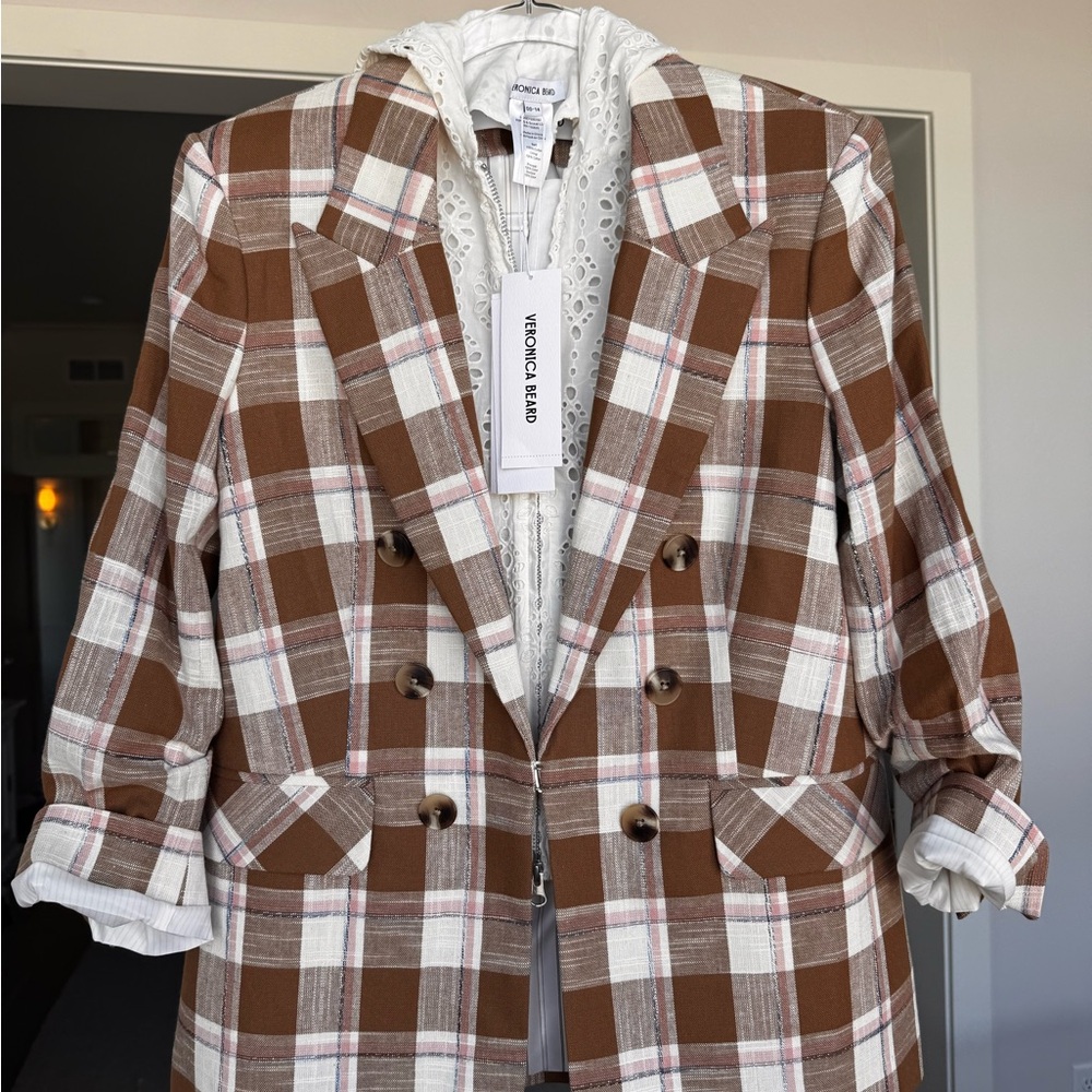NWT Veronica Beard Brown Plaid Women's Blazer and bonus eyelet dickey